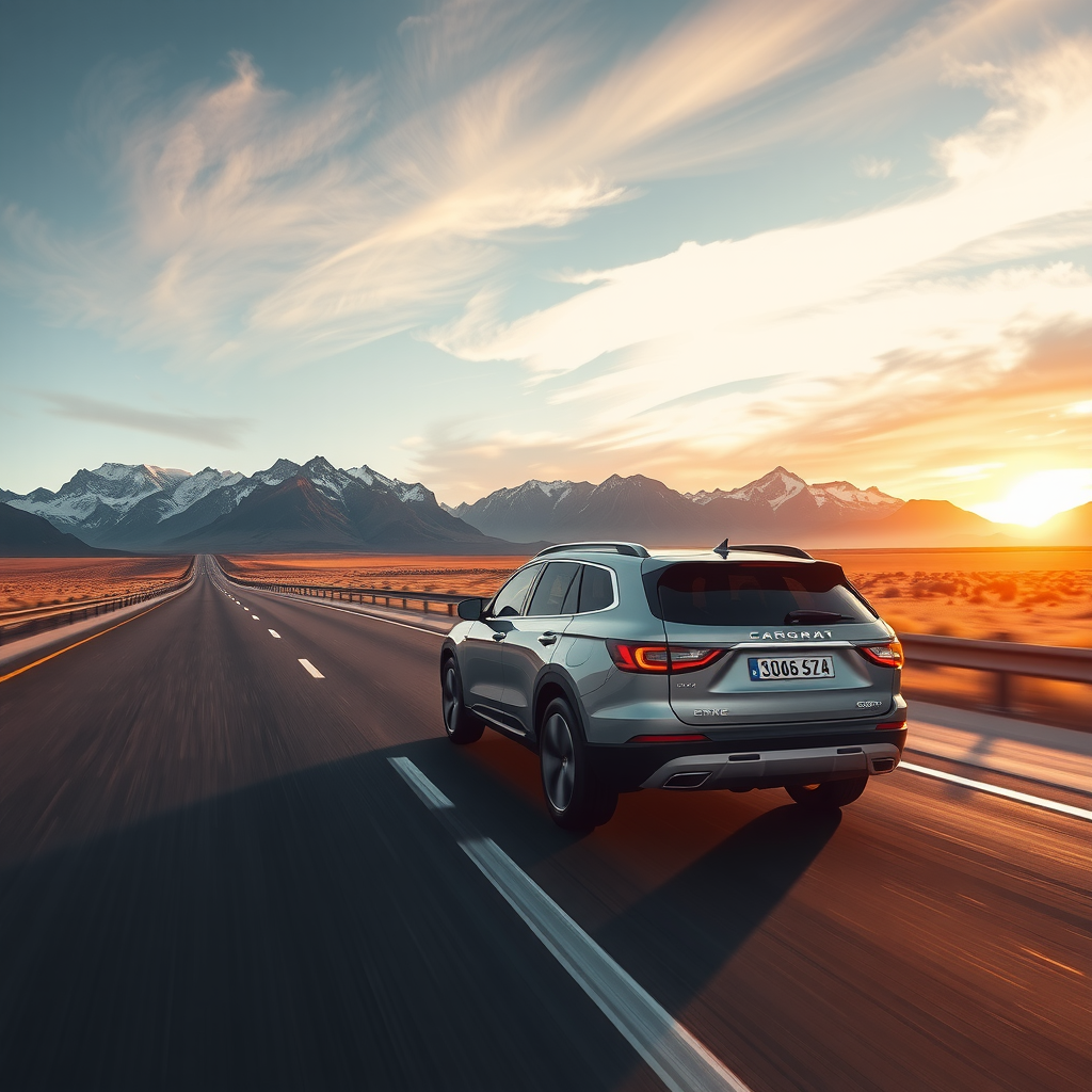 Vista panorámica de una carretera moderna en la Patagonia argentina al atardecer, con un elegante SUV plateado en movimiento, simbolizando la exploración y la libertad de conducir.