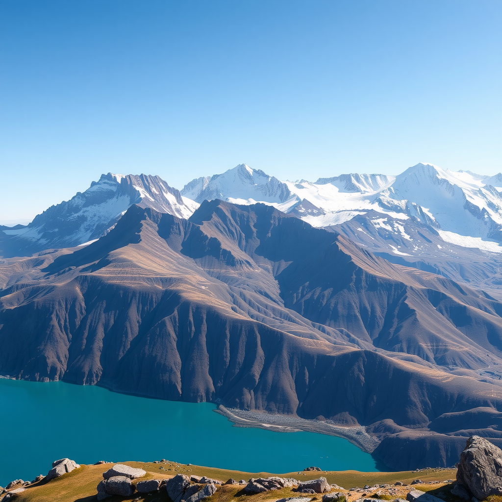 Vista panorámica de la cordillera de los Andes en la Patagonia argentina, con un lago de aguas turquesas y un cielo despejado.