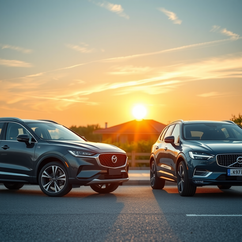 Un SUV moderno y un sedán elegante estacionados uno al lado del otro frente a un paisaje suburbano, representando la elección familiar.