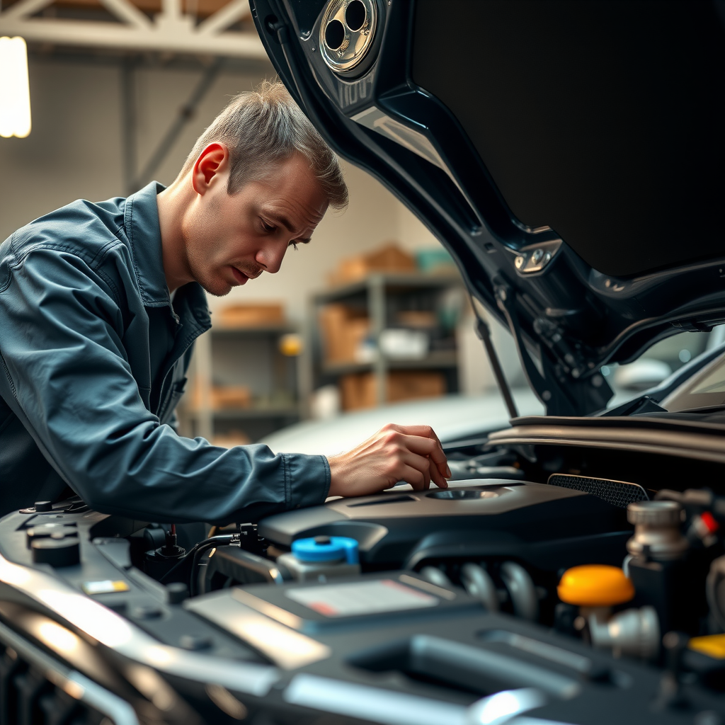 Mecánico profesional revisando el motor de un coche usado en un taller bien iluminado, enfocándose en los detalles del motor.