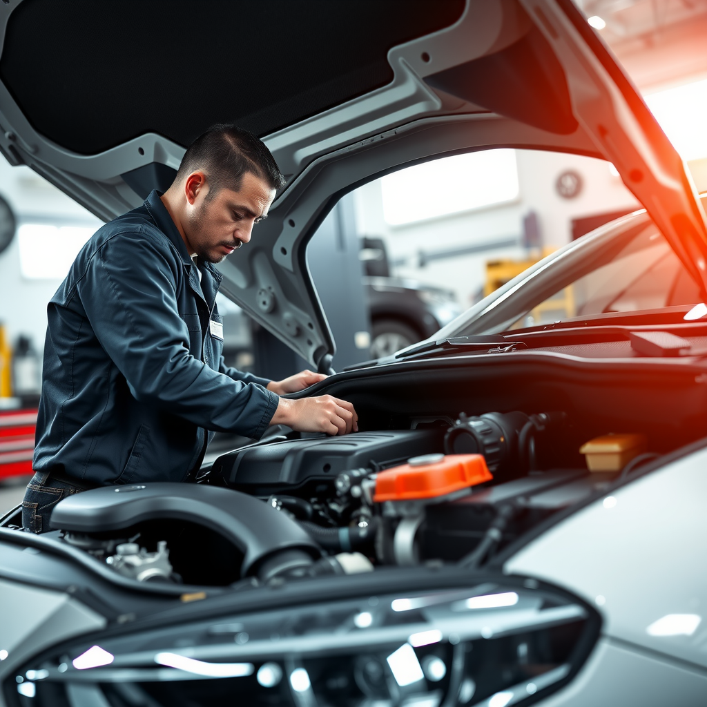 Mecánico profesional realizando una inspección detallada del motor de un coche moderno en un taller bien iluminado.