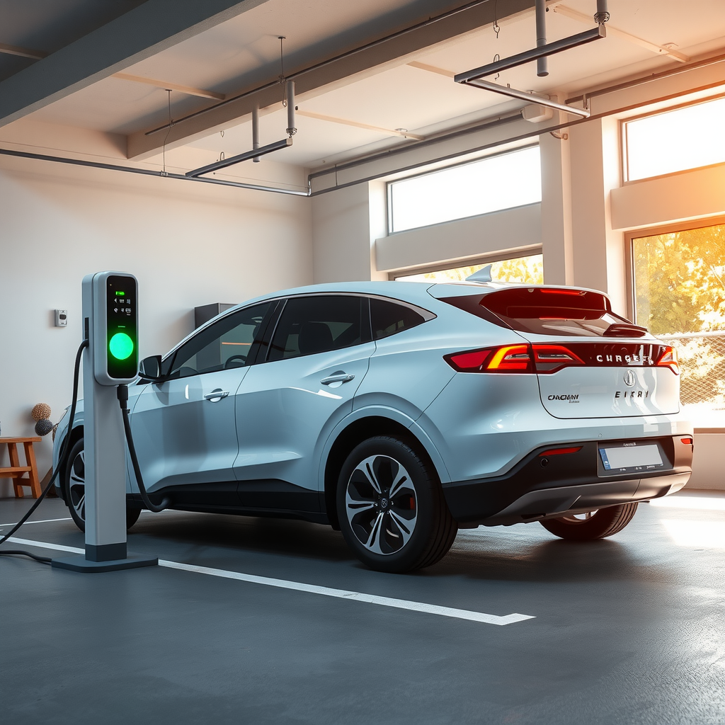 Un moderno vehículo eléctrico de color blanco conectado a un punto de carga en un garaje residencial bien iluminado, simbolizando la conveniencia de la carga en casa.