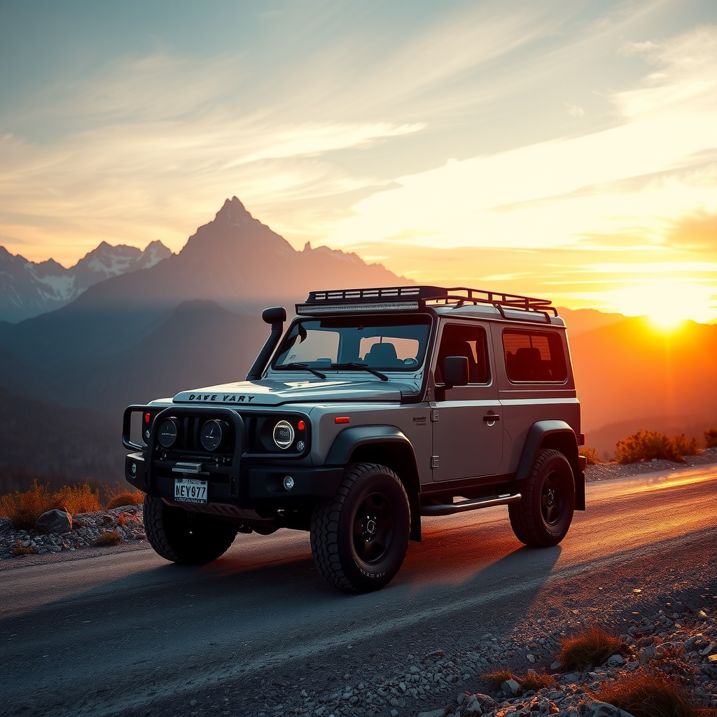 Vehículo 4x4 en un camino de montaña con un paisaje espectacular al atardecer.