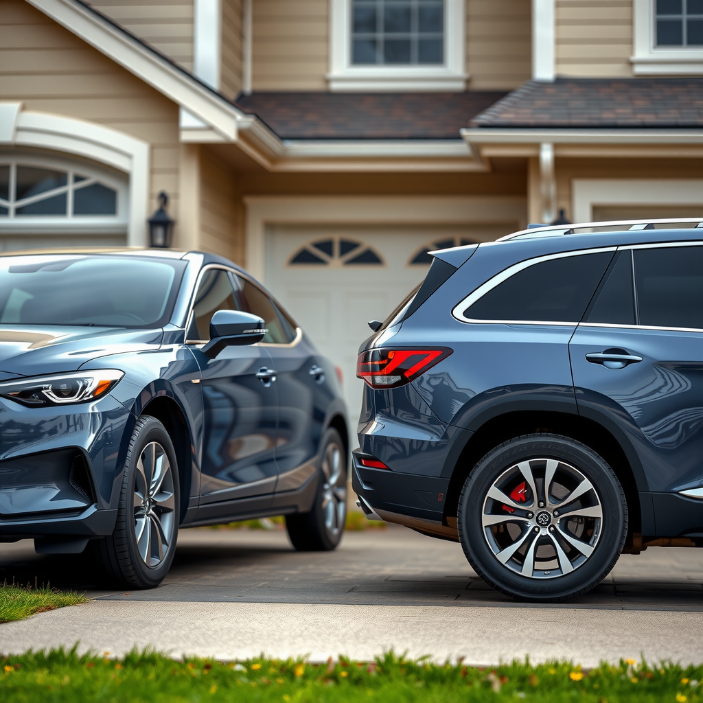 Un sedán familiar y un SUV moderno estacionados uno al lado del otro en la entrada de una casa suburbana.