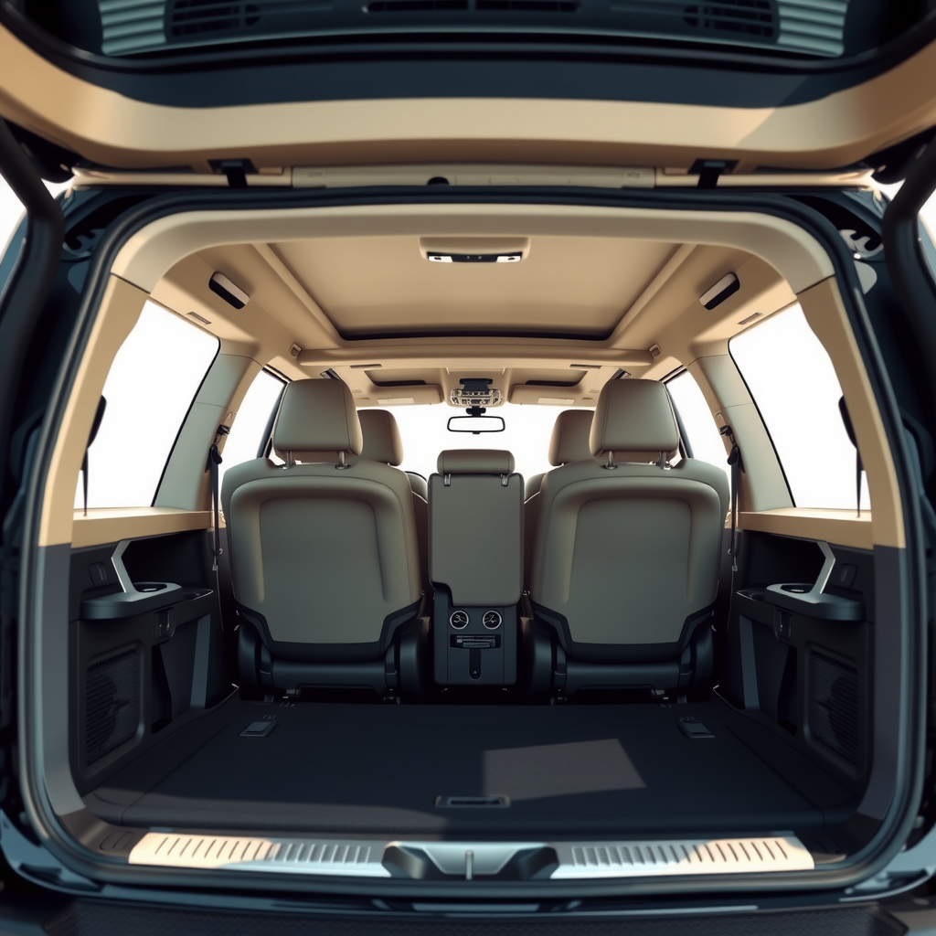 Interior espacioso de un SUV con los asientos traseros abatidos, mostrando una gran capacidad de carga para equipaje y equipo deportivo.