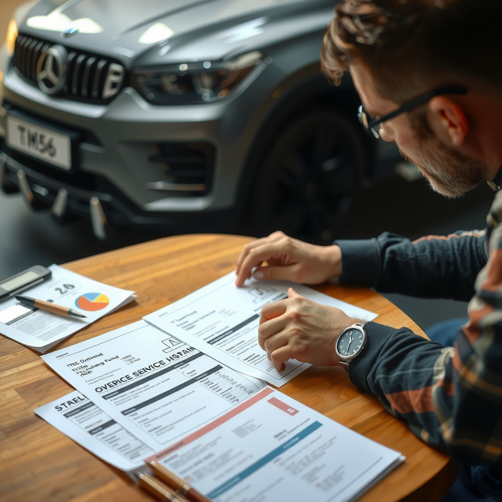 Persona inspeccionando cuidadosamente la documentación de un vehículo, con papeles como el título de propiedad y el historial de servicio extendidos sobre una mesa.