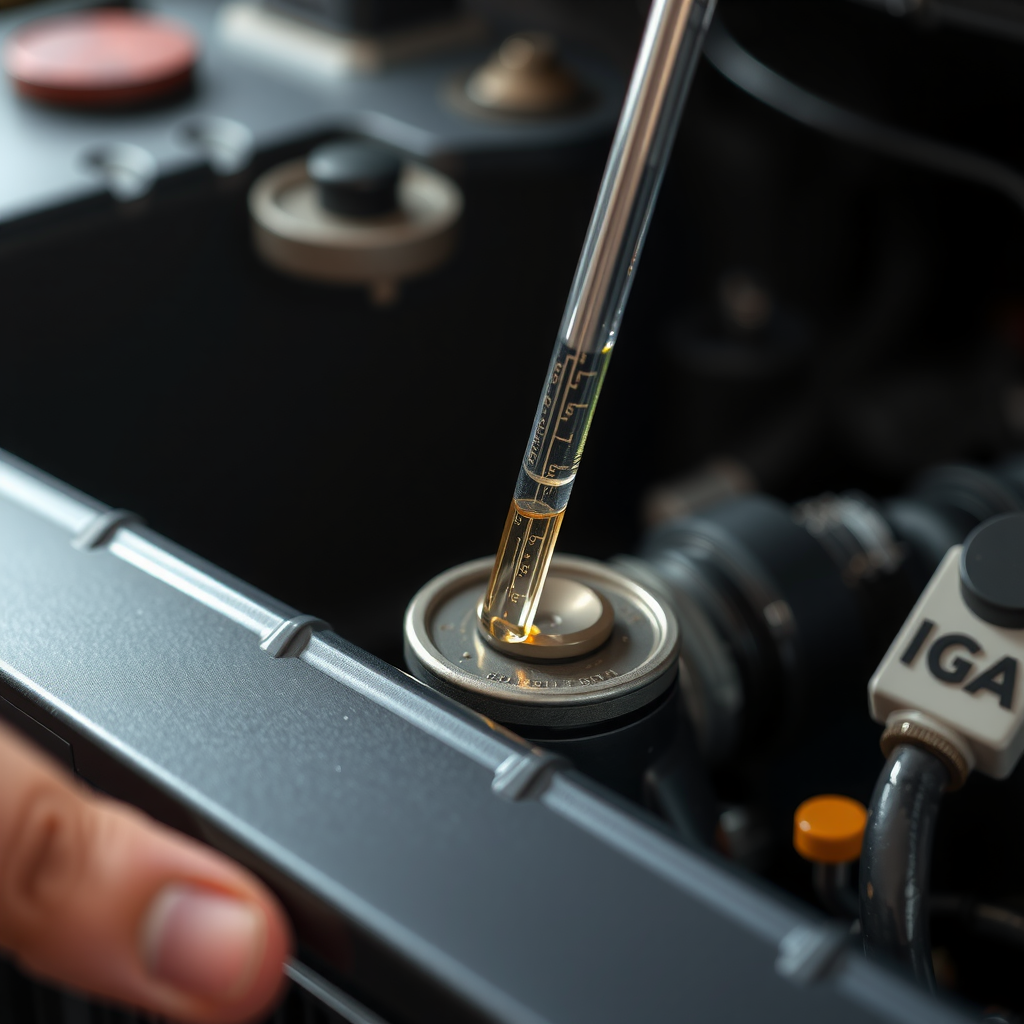 Primer plano de una varilla de nivel de aceite siendo extraída de un motor para comprobar el nivel y la calidad del aceite.