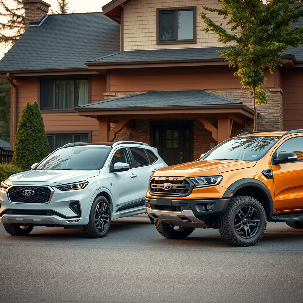 Un SUV moderno y una camioneta estacionados uno al lado del otro frente a una casa familiar.