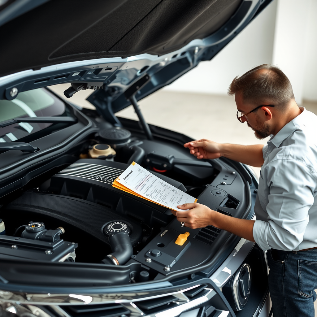 Una persona inspeccionando cuidadosamente el motor de un auto usado con una lista de verificación en la mano.