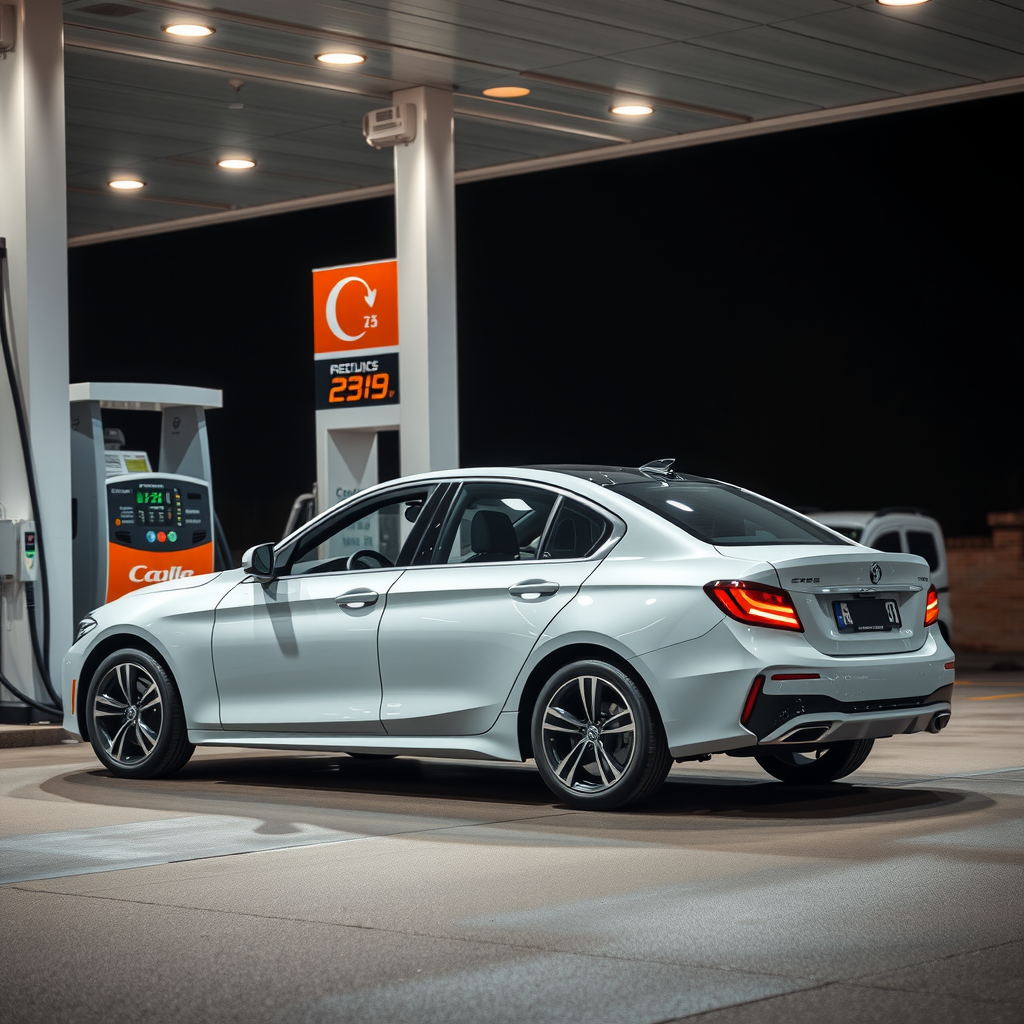 Un sedán siendo cargado de combustible en una estación de servicio, simbolizando la eficiencia y el ahorro en el consumo.