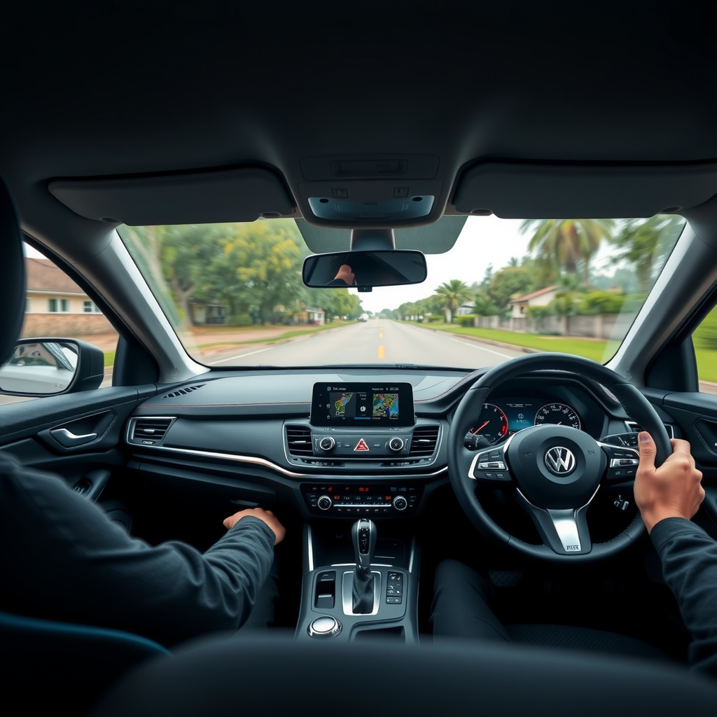 Vista desde el asiento del conductor durante una prueba de manejo en una carretera suburbana, mostrando el tablero de instrumentos y el camino por delante.