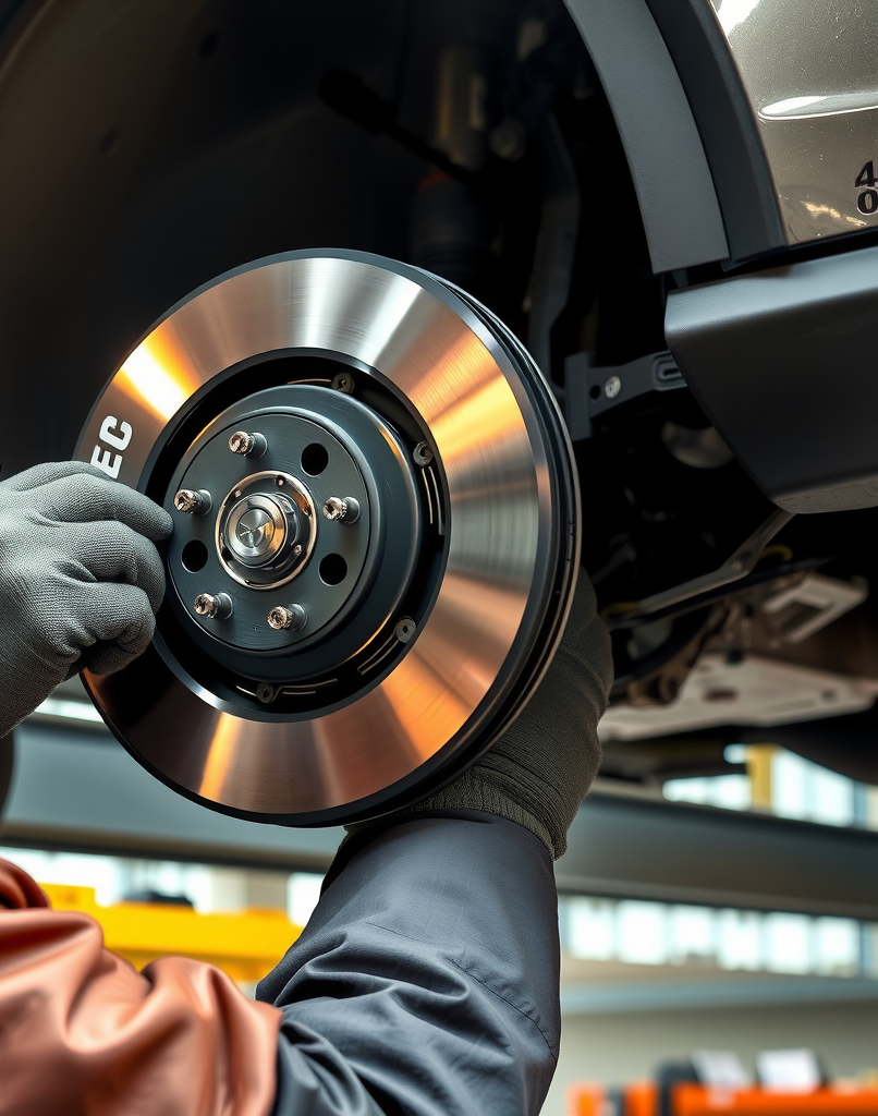 Un técnico de automoción inspeccionando de cerca las pastillas de freno y el disco de un vehículo levantado en un elevador de taller.