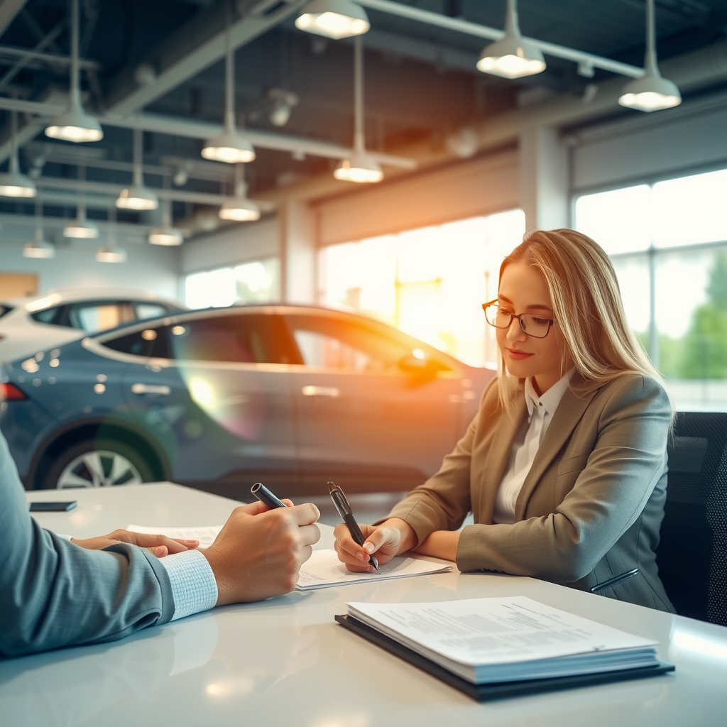 Una persona firmando documentos de financiación en un concesionario de automóviles, con un elegante coche eléctrico en el fondo, simbolizando la accesibilidad de la inversión.