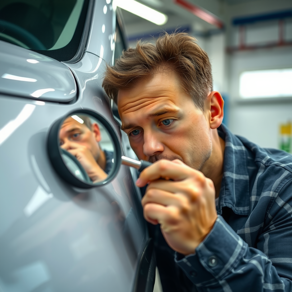 Una persona con una lupa inspeccionando cuidadosamente la carrocería de un vehículo usado en busca de imperfecciones.