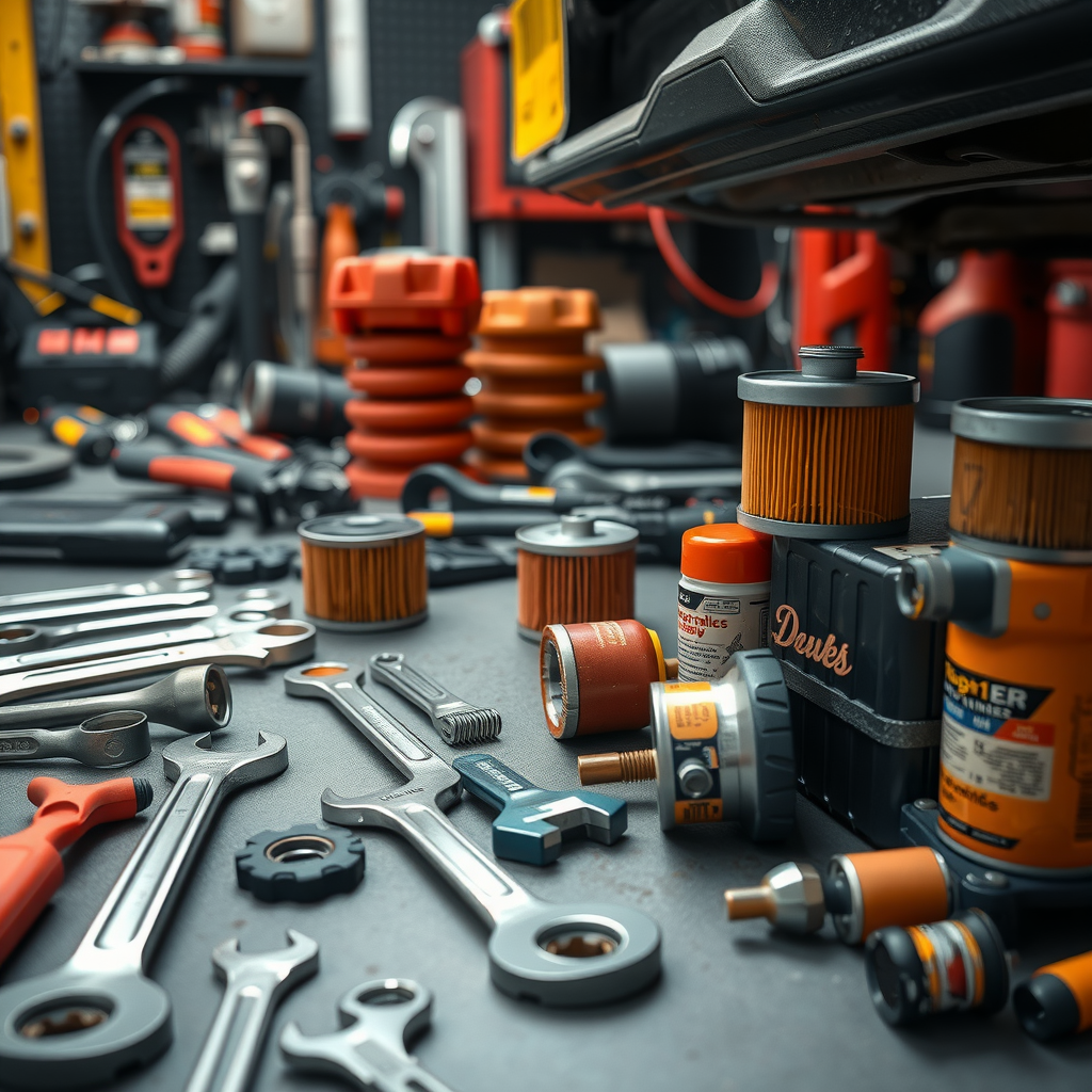 Herramientas de mantenimiento de automóviles, como llaves y filtros de aceite, dispuestas ordenadamente en el suelo de un garaje.