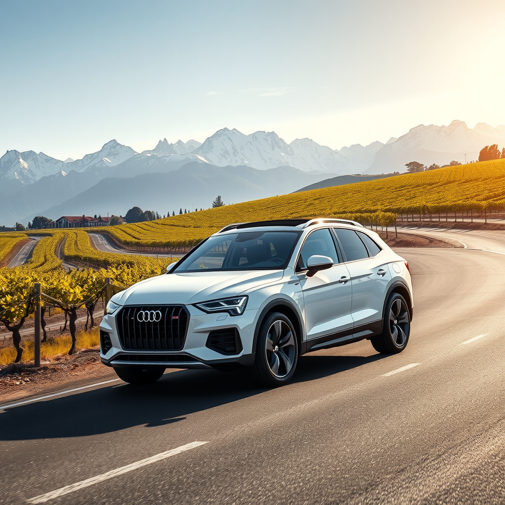 Un sedán moderno de color blanco conduciendo por una carretera asfaltada que atraviesa un extenso viñedo en Mendoza, con las cumbres nevadas de los Andes al fondo.
