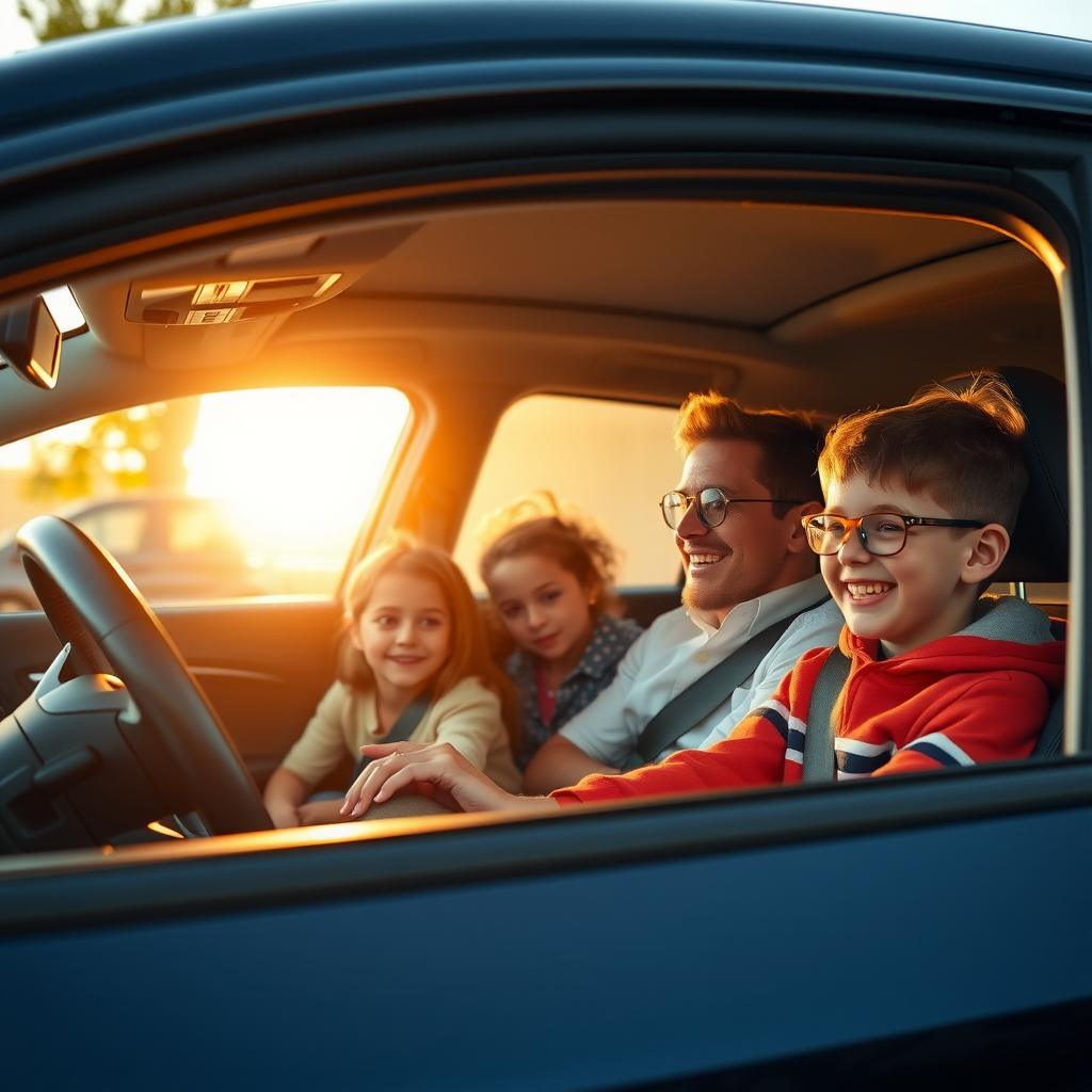Una familia disfrutando de un viaje cómodo dentro de un auto, con el padre conduciendo y los niños sonriendo en el asiento trasero.