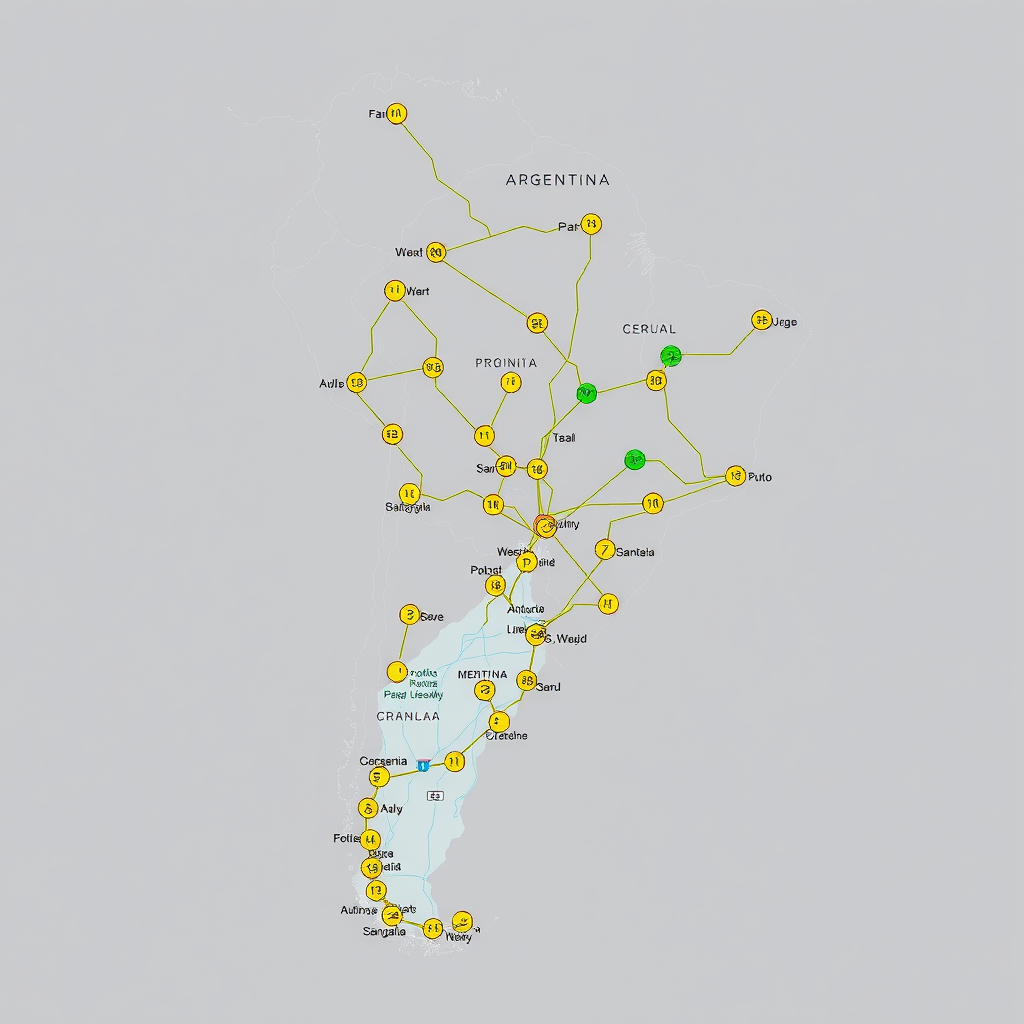 Un mapa de Argentina mostrando una red en expansión de puntos de carga para vehículos eléctricos, con nodos más densos en las principales ciudades y corredores viales.