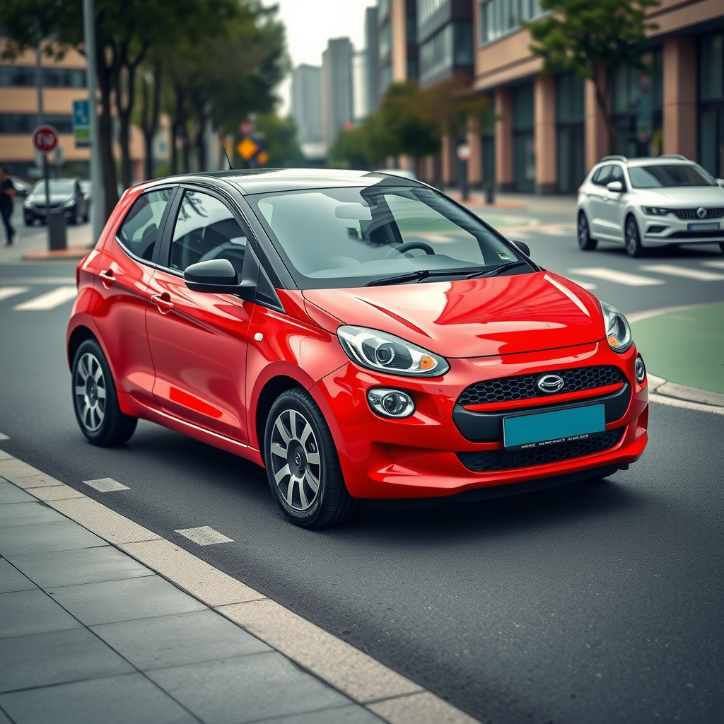 Un auto compacto y moderno de color rojo estacionado en una calle de la ciudad.