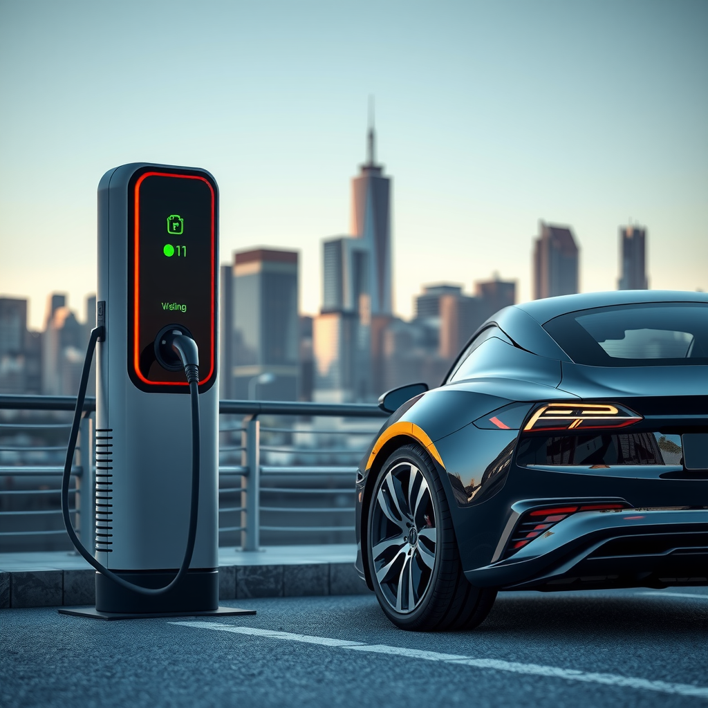 Un coche eléctrico cargándose en una estación de carga pública con un moderno horizonte urbano de fondo.