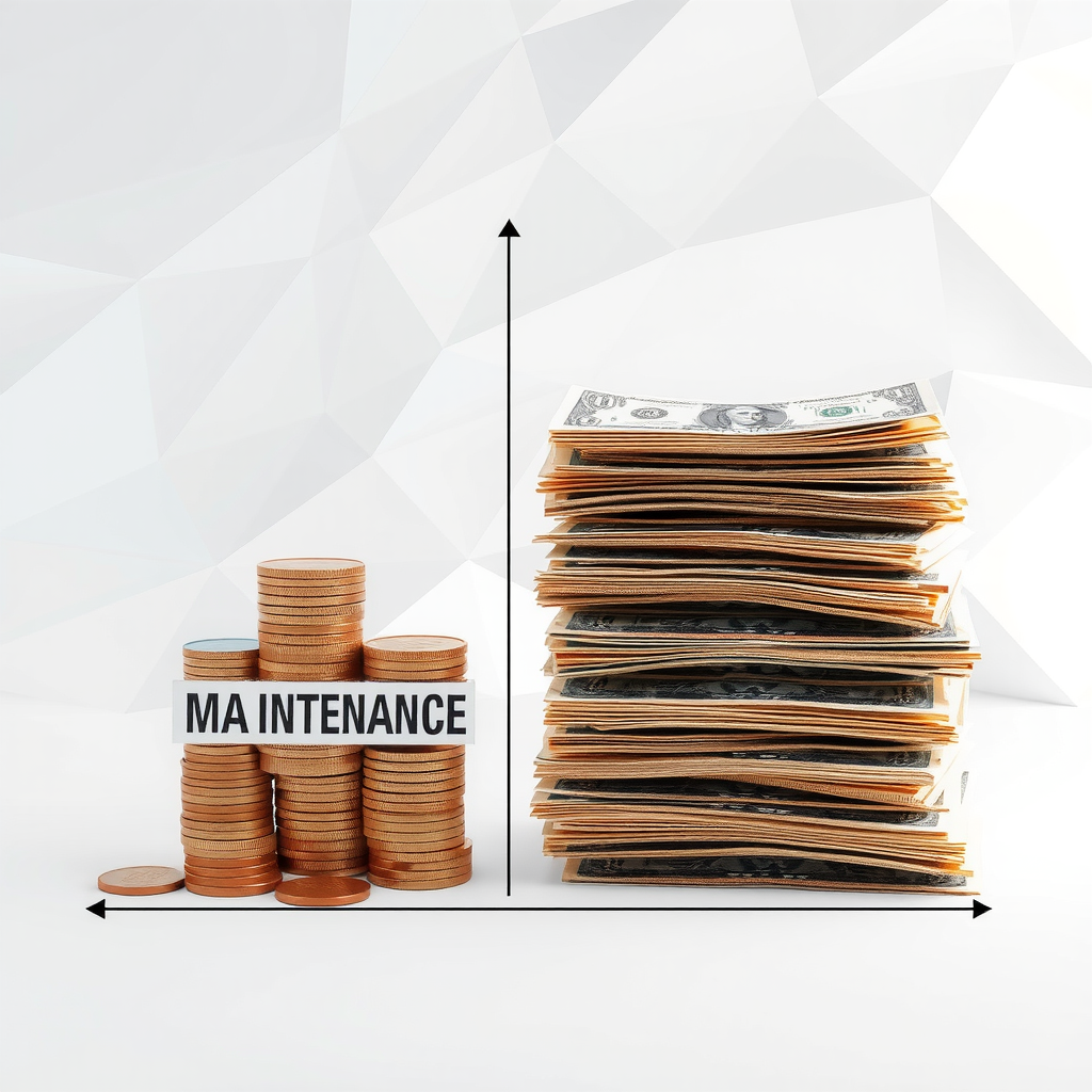 Gráfico comparativo que muestra una pequeña pila de monedas etiquetada como 'Mantenimiento' junto a una enorme pila de billetes etiquetada como 'Reparación Mayor', ilustrando el ahorro.