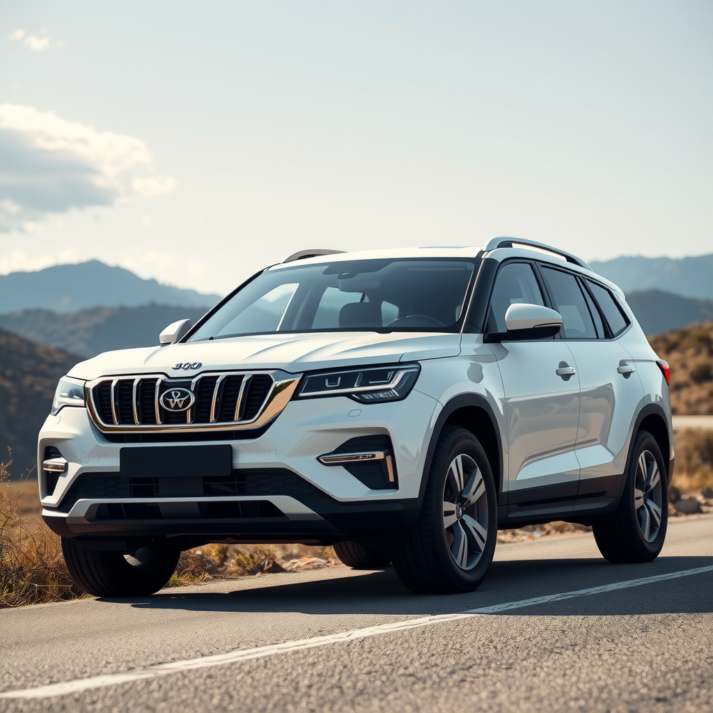 Una SUV familiar de color blanco en un camino rural con un paisaje montañoso de fondo.
