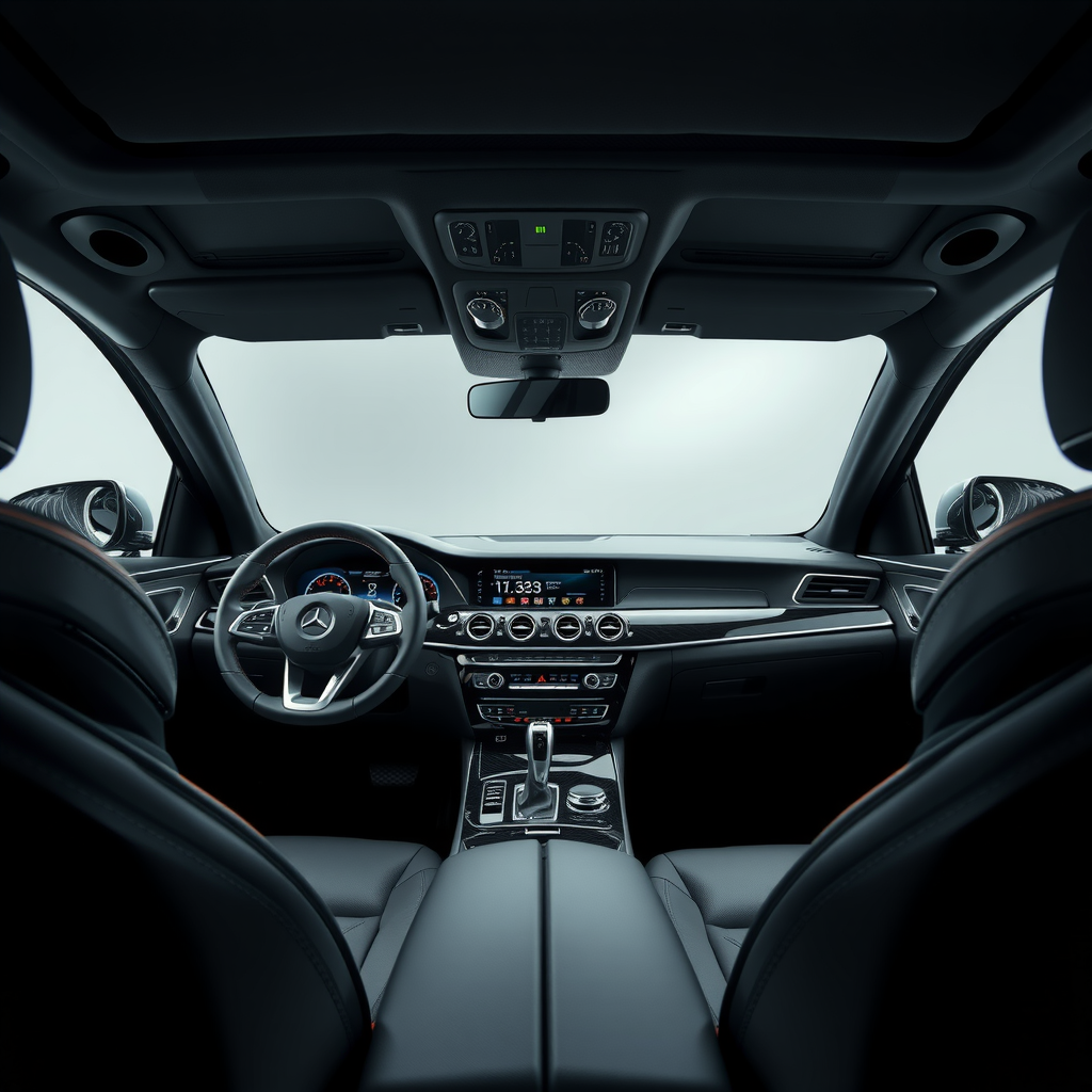 El interior de un vehículo de alta gama, mostrando el tablero de instrumentos digital y los asientos de cuero.
