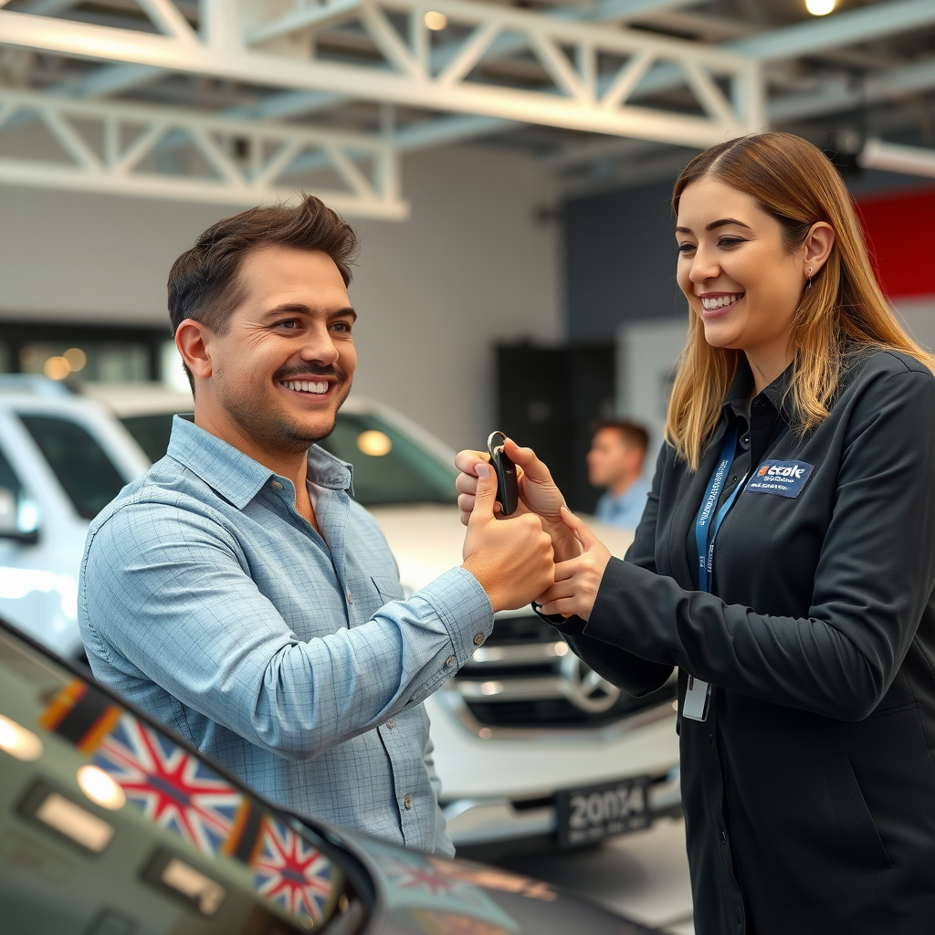 Una persona recibiendo las llaves de su nuevo auto de un agente de ventas sonriente en un concesionario.